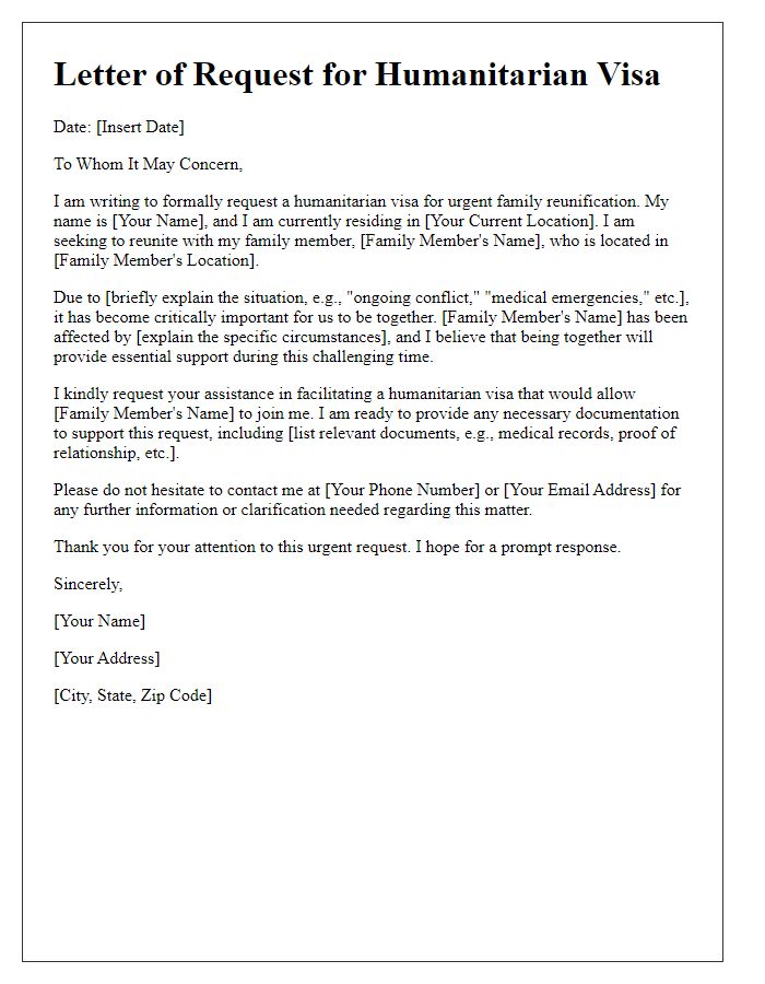 Letter template of humanitarian visa request for urgent family reunification.