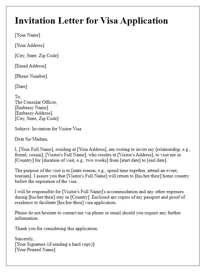 Letter template of invitation letter for embassy visitor visa