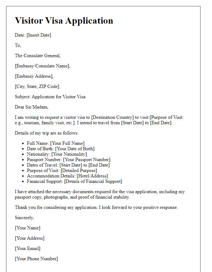 Letter template of visitor visa details for embassy submission