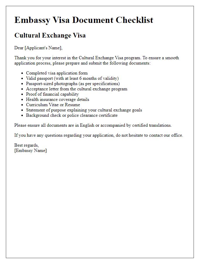 Letter template of embassy visa document checklist for cultural exchange visa.