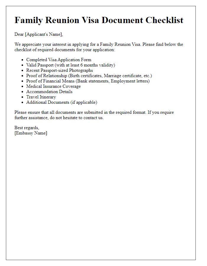 Letter template of embassy visa document checklist for family reunion visa.