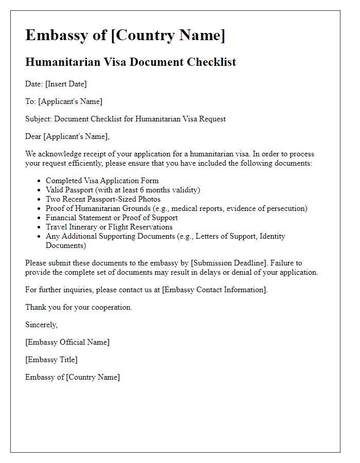 Letter template of embassy visa document checklist for humanitarian visa request.