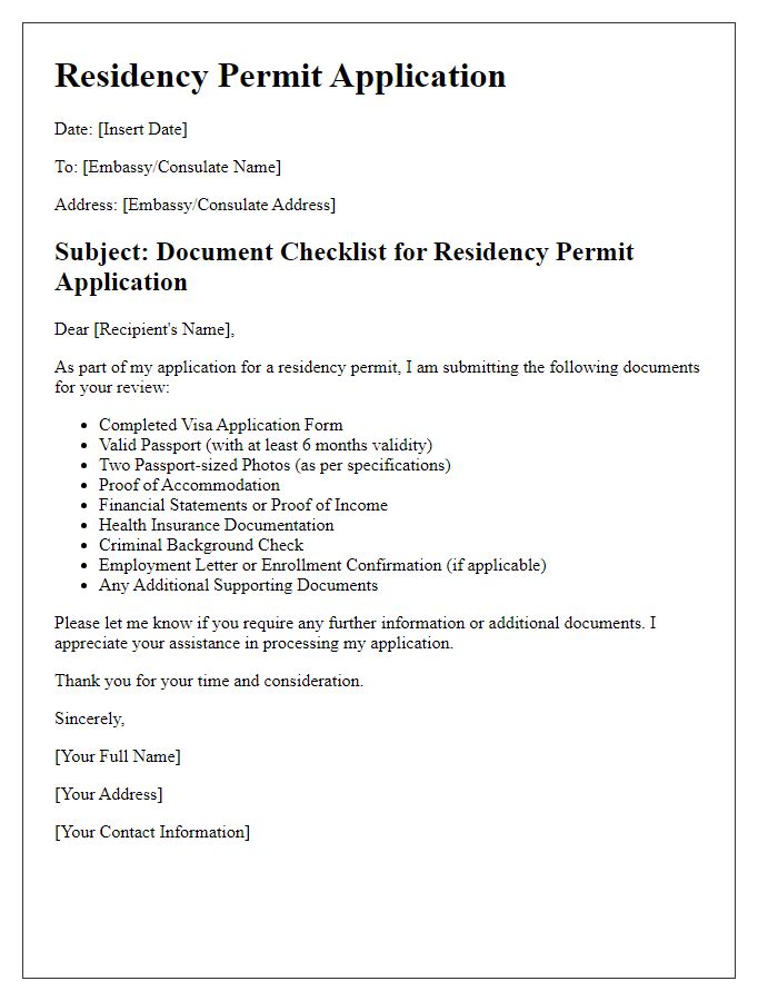 Letter template of embassy visa document checklist for residency permit application.