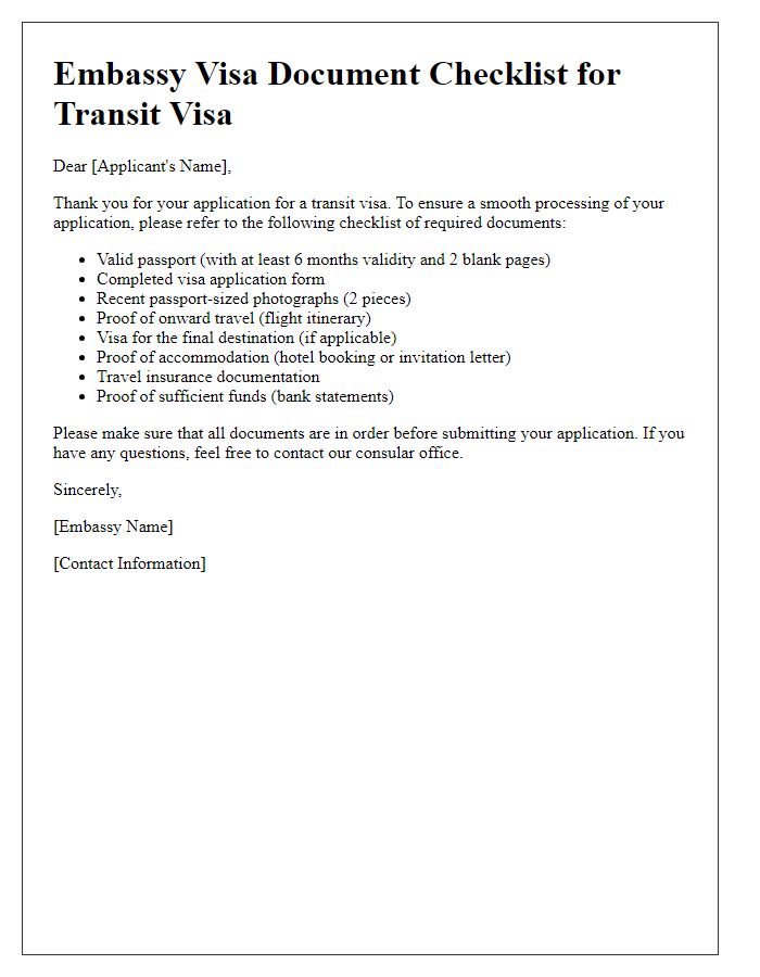 Letter template of embassy visa document checklist for transit visa preparation.