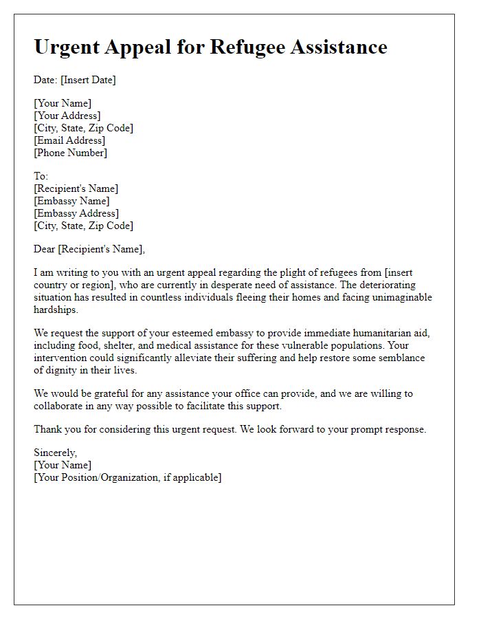 Letter template of urgent refugee assistance appeal to embassy