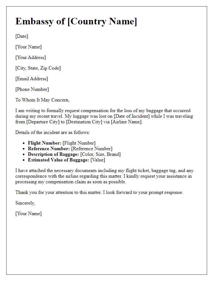 Letter template of embassy for baggage loss compensation request.