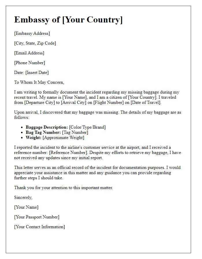 Letter template of embassy for documenting missing baggage incident.