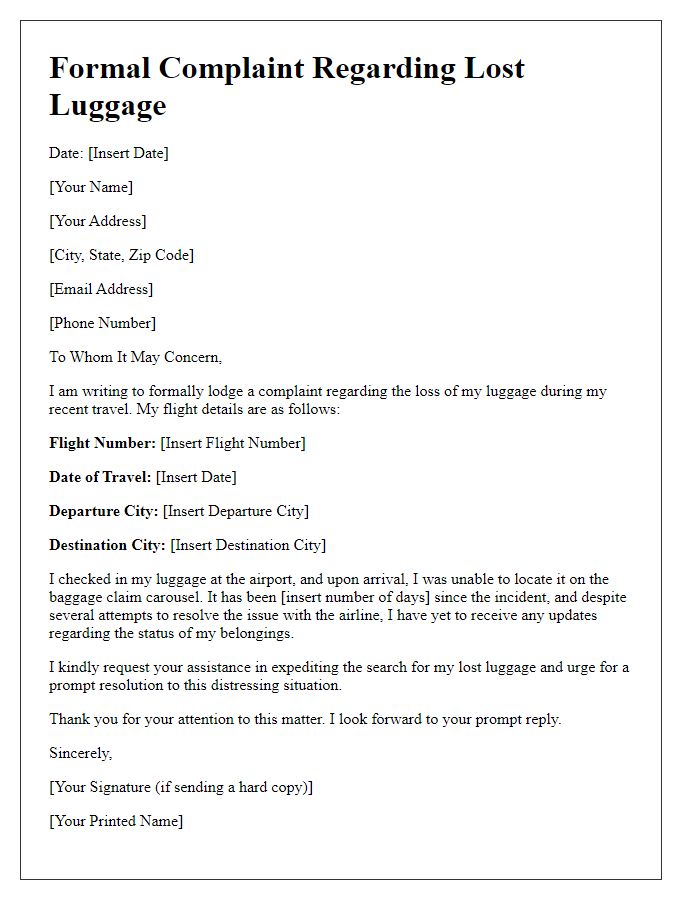 Letter template of embassy for lodging a formal complaint about lost luggage.