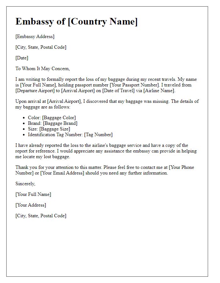 Letter template of embassy for reporting lost baggage.