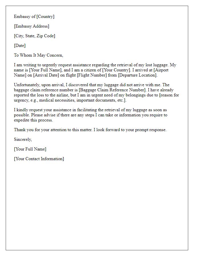 Letter template of embassy for urgency in lost luggage retrieval.