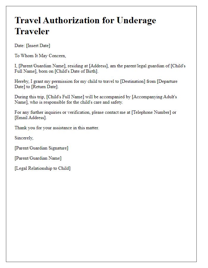 Letter template of embassy travel authorization for underage traveler