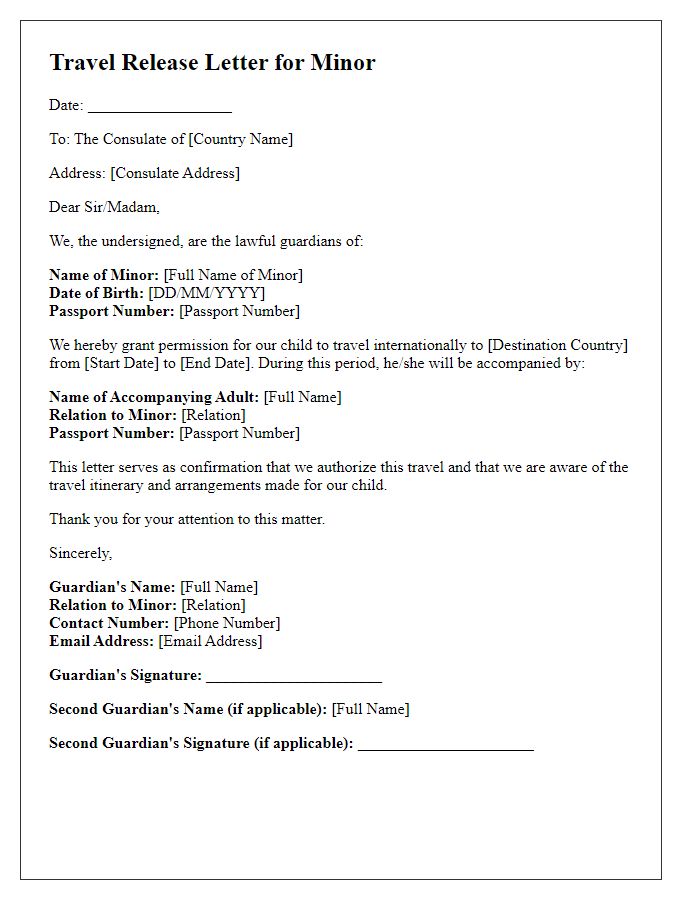 Letter template of travel release for minors to consulate