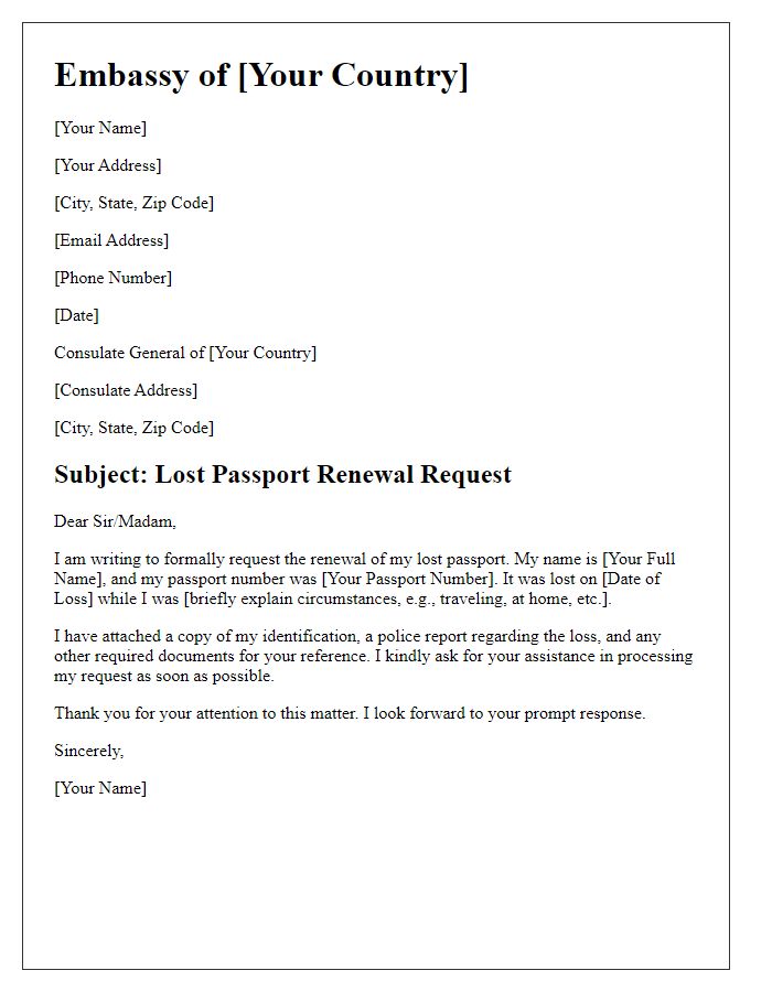 Letter template of embassy lost passport renewal