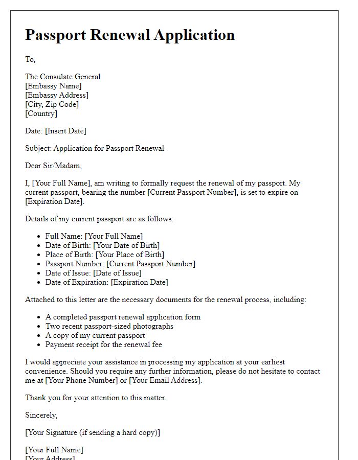 Letter template of embassy passport renewal application