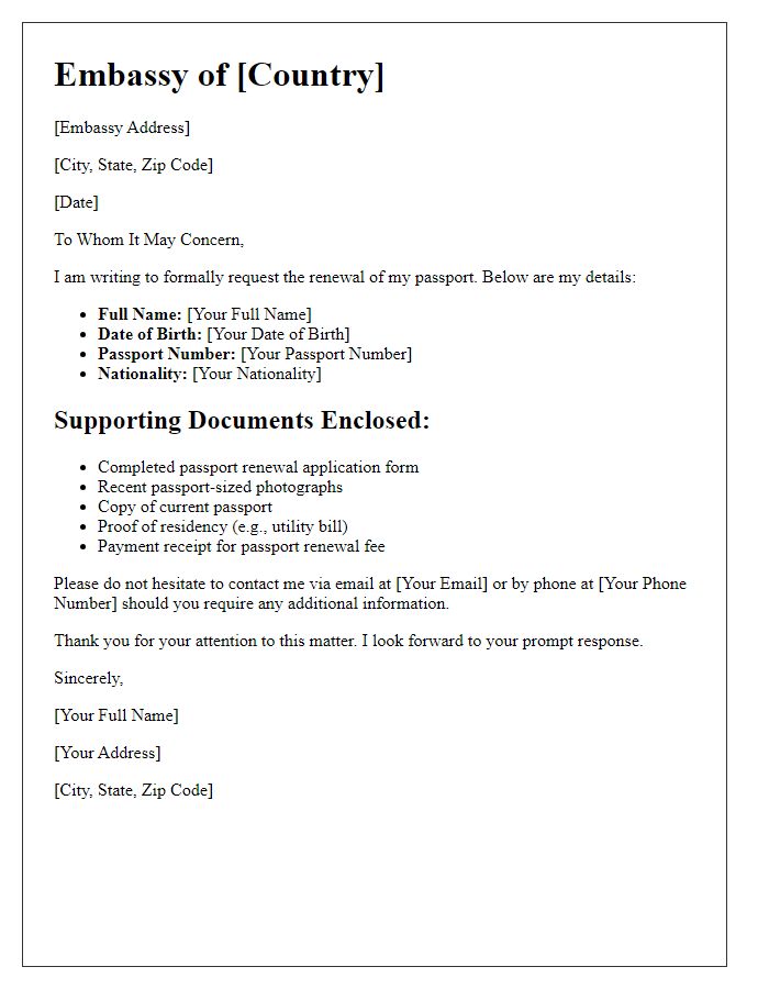 Letter template of embassy passport renewal with supporting documents