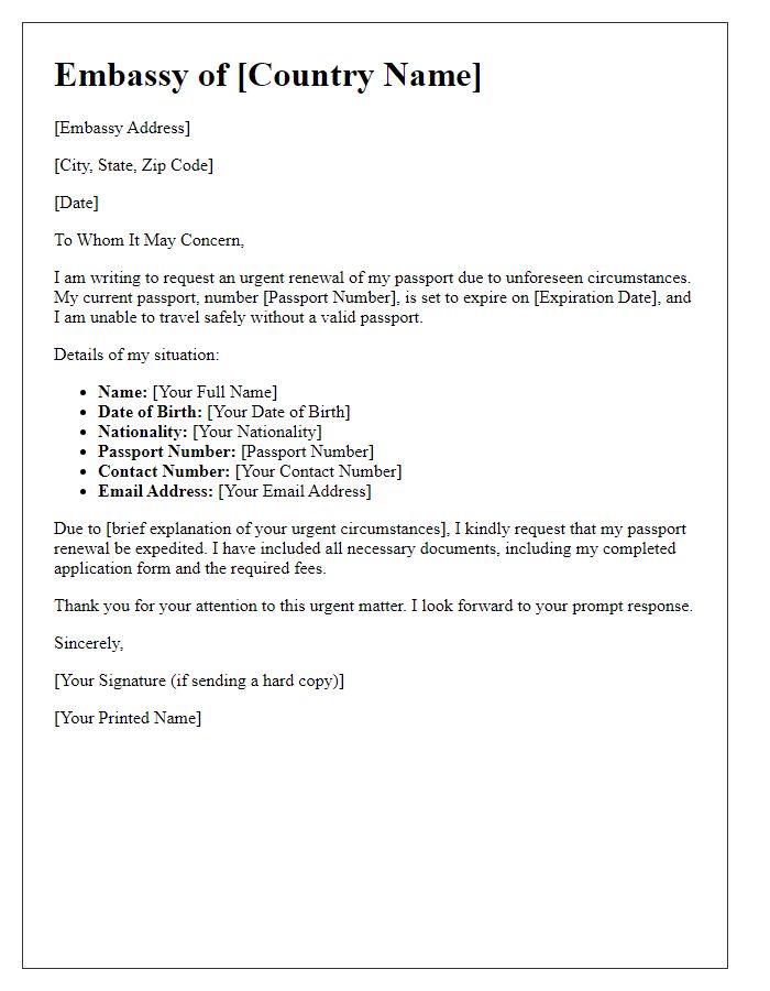 Letter template of embassy urgent passport renewal