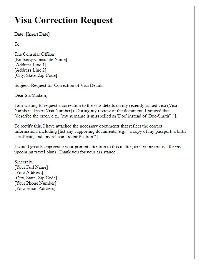 Letter template of embassy visa correction request