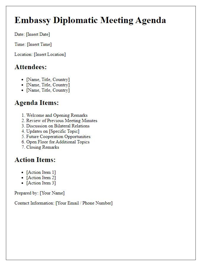 Letter template of agenda outline for embassy diplomatic meeting