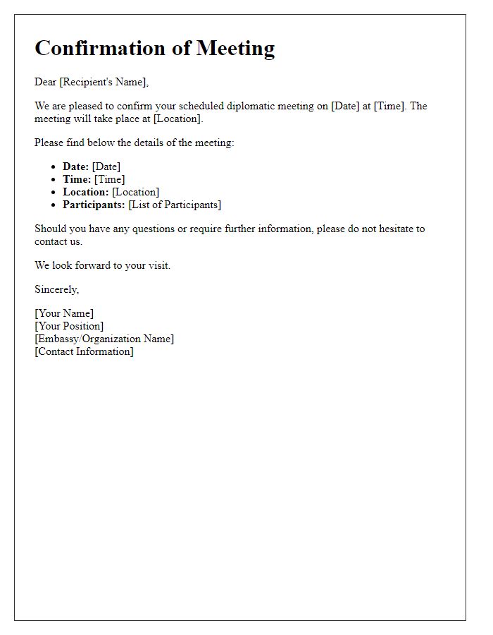 Letter template of confirmation for scheduled embassy diplomatic meeting