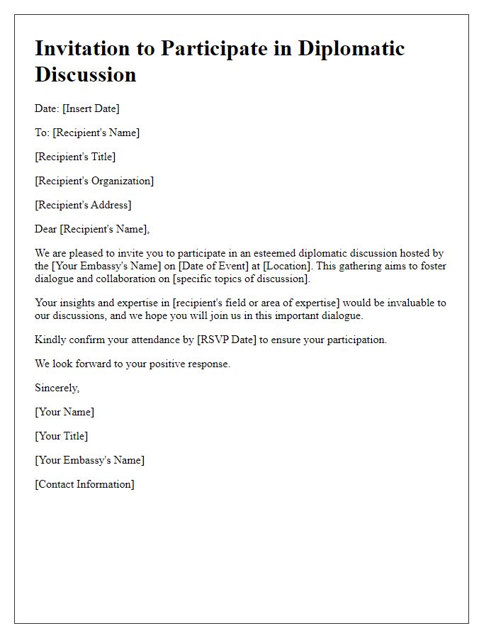 Letter template of invitation to participate in embassy diplomatic discussion