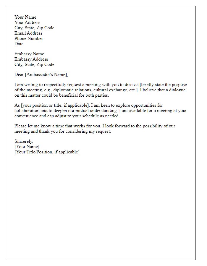 Letter template of request for embassy diplomatic meeting scheduling