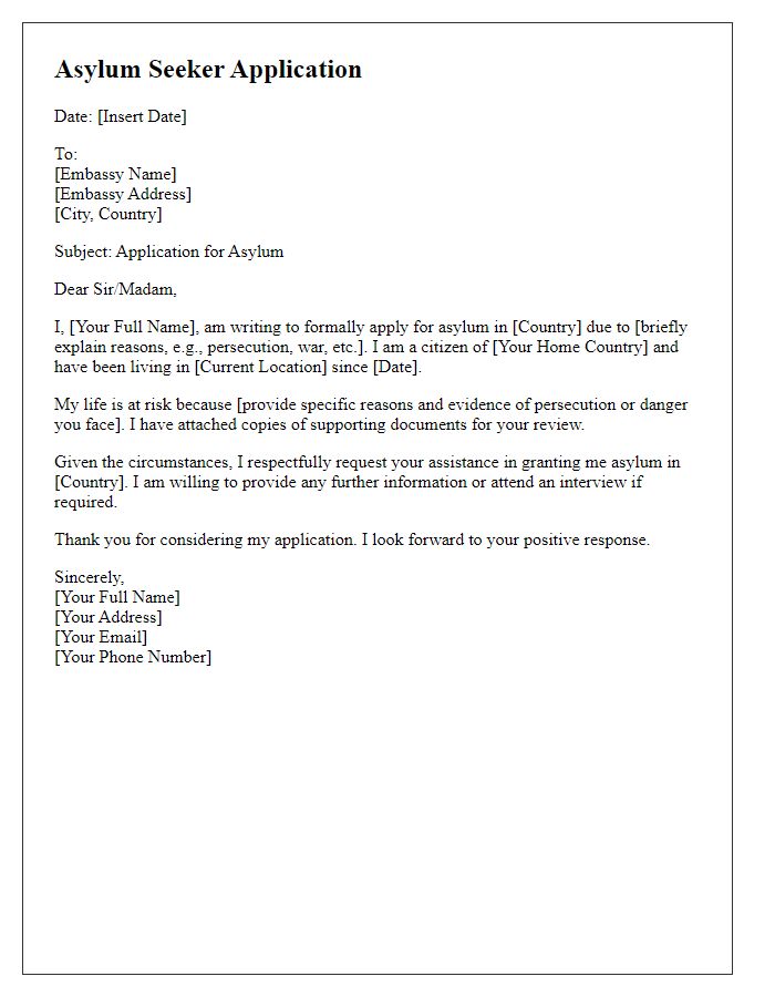 Letter template of asylum seeker application to embassy