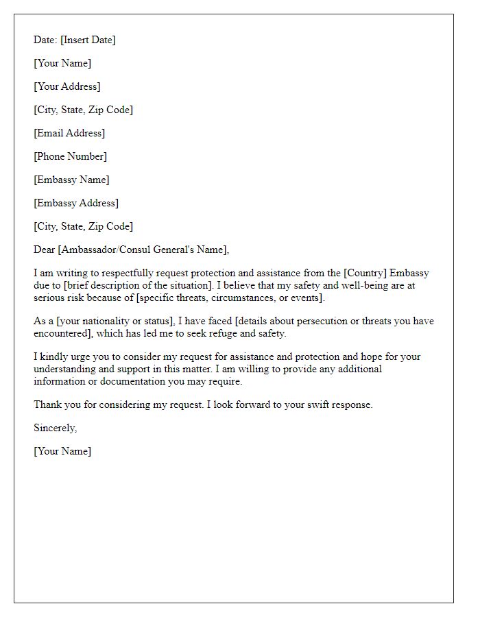 Letter template of protection request for embassy consideration