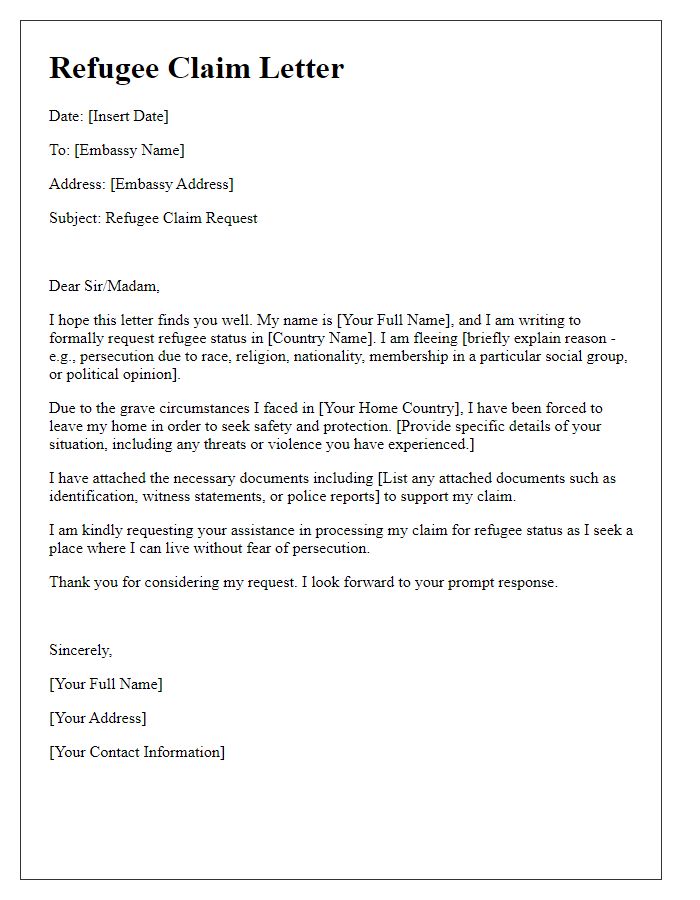 Letter template of refugee claim letter for embassy