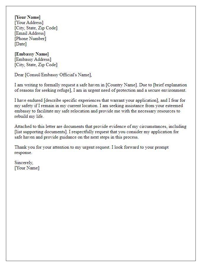 Letter template of safe haven application addressed to embassy