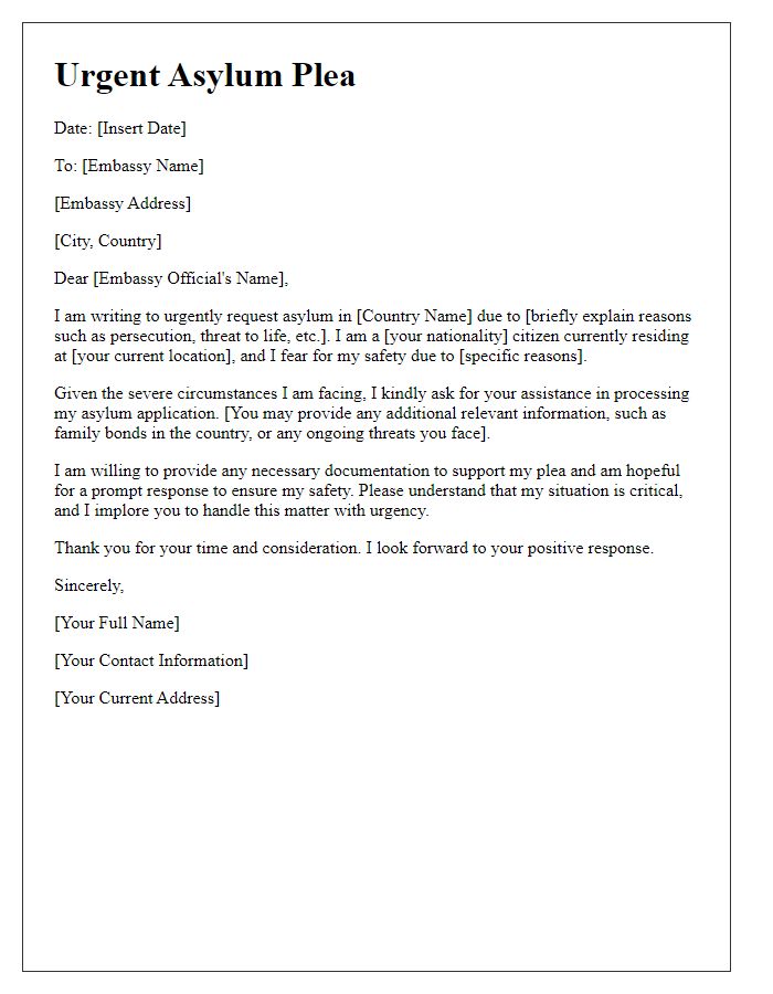 Letter template of urgent asylum plea to embassy