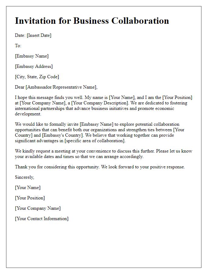 Letter template of business collaboration invitation to the embassy.