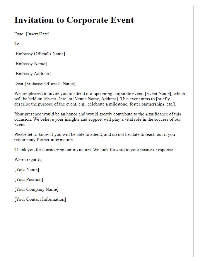 Letter template of corporate event invitation request to embassy officials.