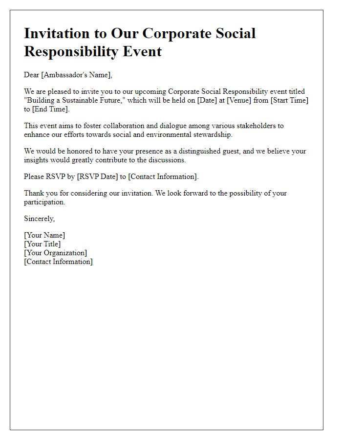 Letter template of corporate social responsibility event invitation for the embassy.