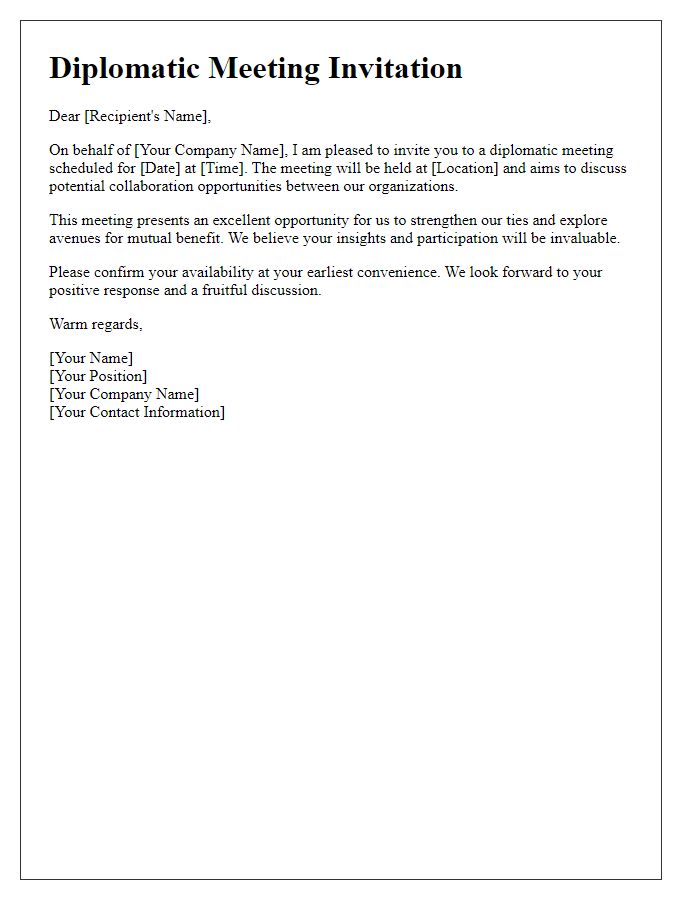 Letter template of diplomatic meeting invitation request from a business perspective.