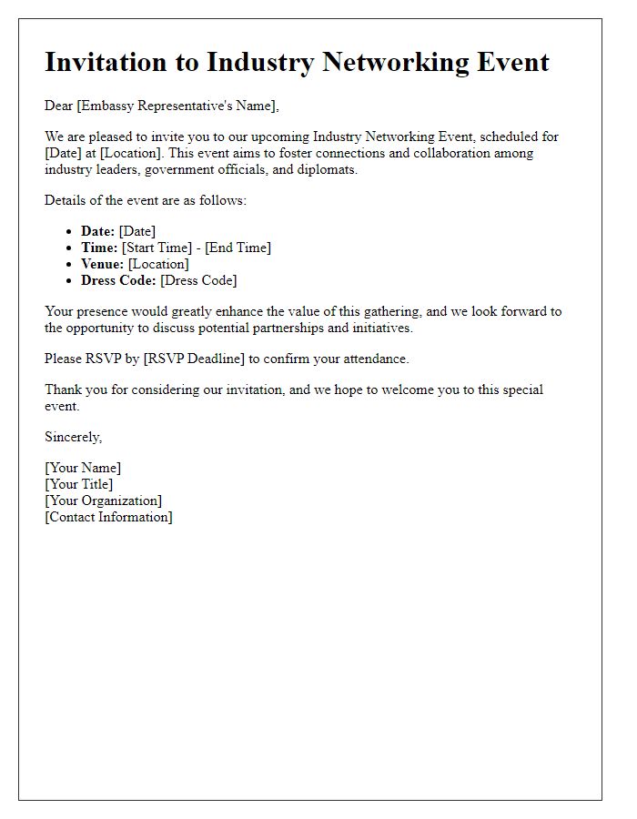 Letter template of industry networking event invitation to embassy representatives.