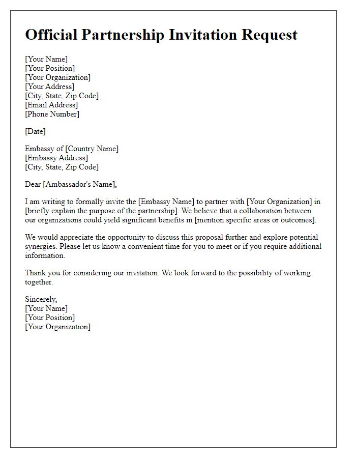 Letter template of official partnership invitation request to the embassy.