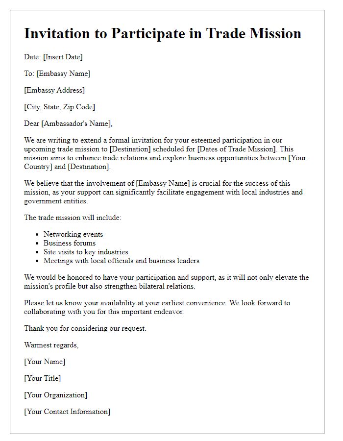 Letter template of trade mission invitation request for embassy participation.