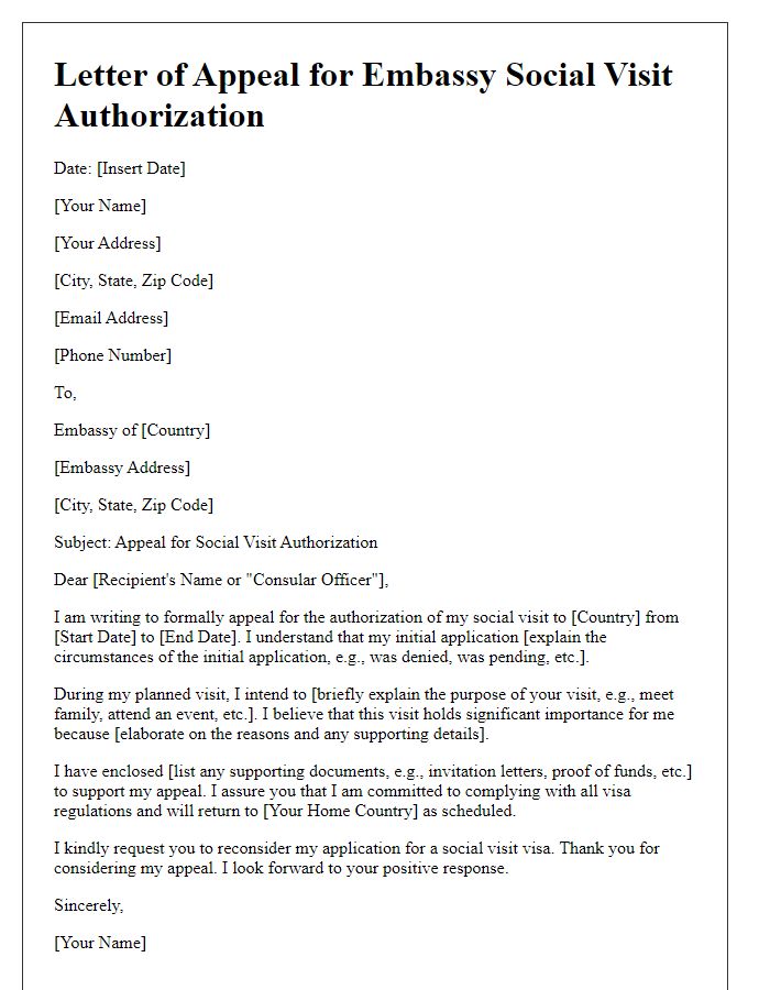 Letter template of appeal for embassy social visit authorization