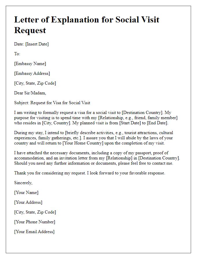 Letter template of explanation for embassy social visit request