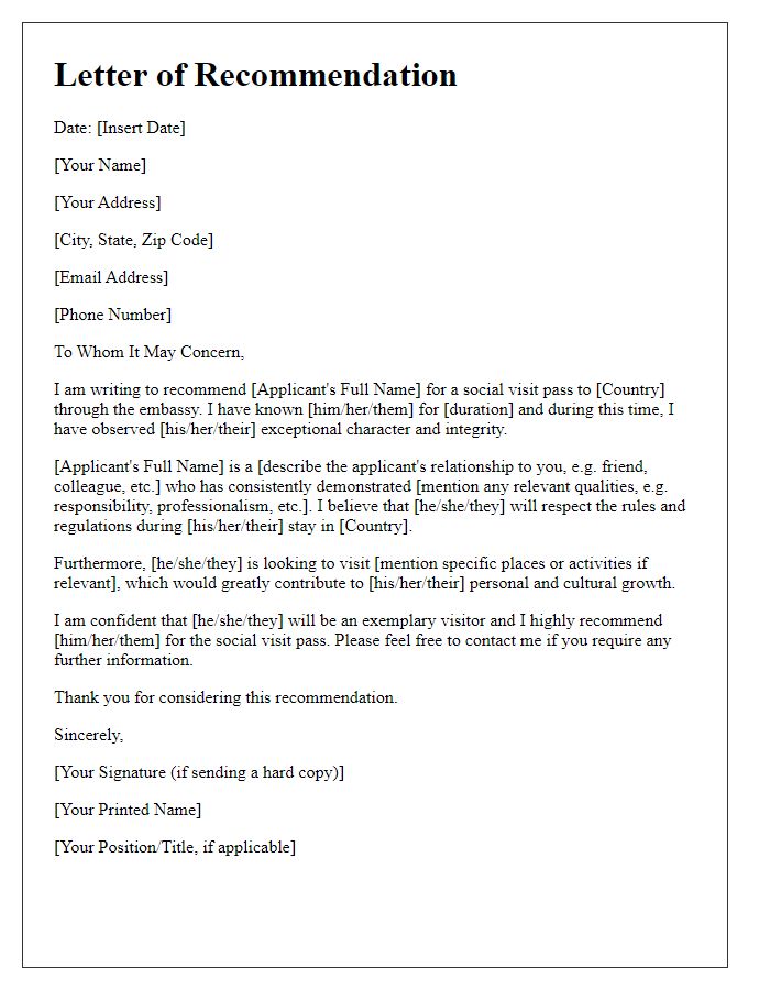 Letter template of recommendation for embassy social visit pass