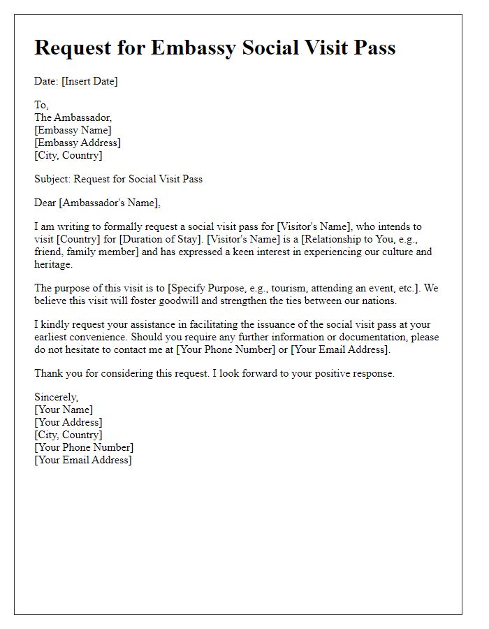 Letter template of request for embassy social visit pass