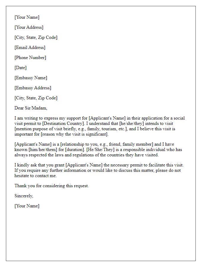 Letter template of support for embassy social visit permit application