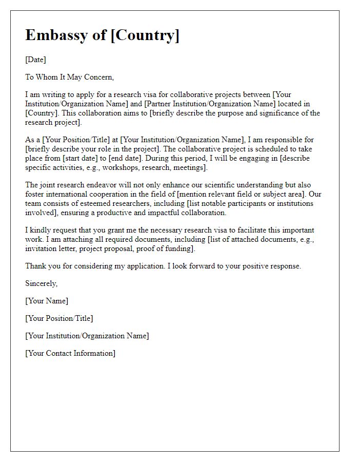 Letter template of embassy research visa application for collaborative projects.