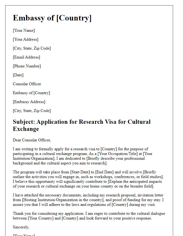 Letter template of embassy research visa application for cultural exchange.