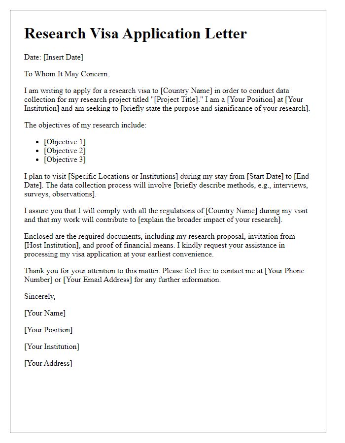 Letter template of embassy research visa application for data collection.