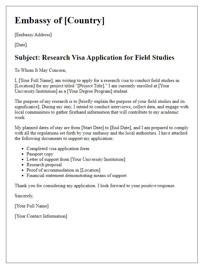 Letter template of embassy research visa application for field studies.