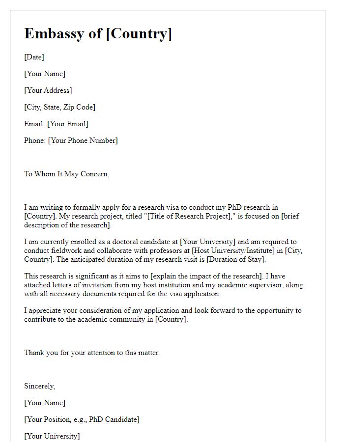 Letter template of embassy research visa application for PhD research.