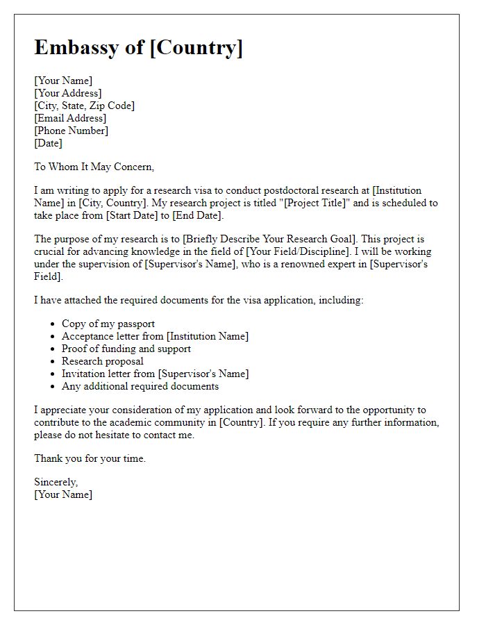 Letter template of embassy research visa application for postdoctoral research.