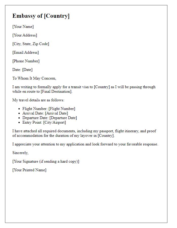 Letter template of application for embassy transit visa.