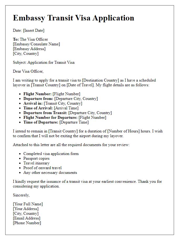 Letter template of embassy transit visa application.